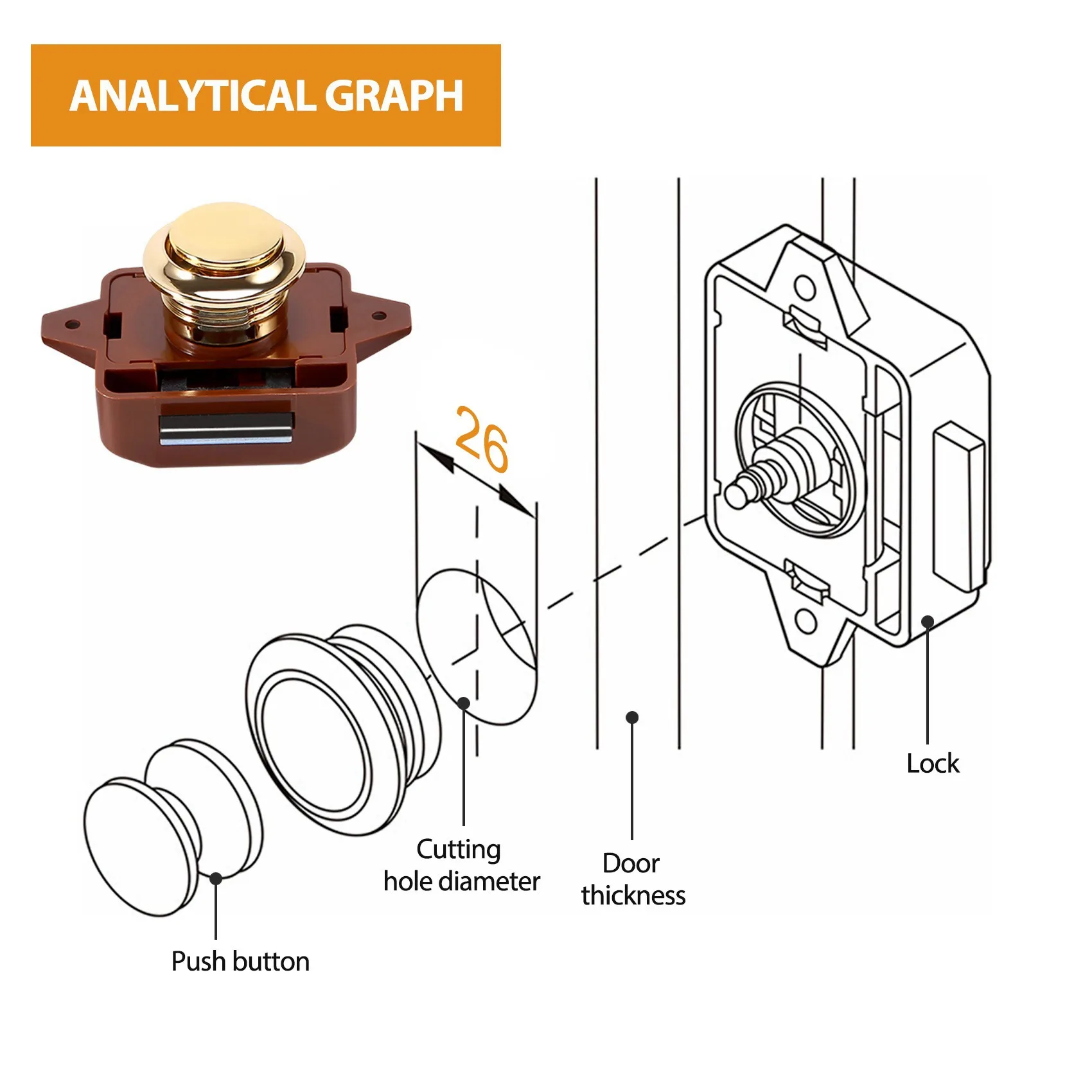 

A40T 5Pcs Keyless Push Button Catch Door Knob Lock for RV Caravan Cabinet Boat Motor Home Cupboard, Brown Gold