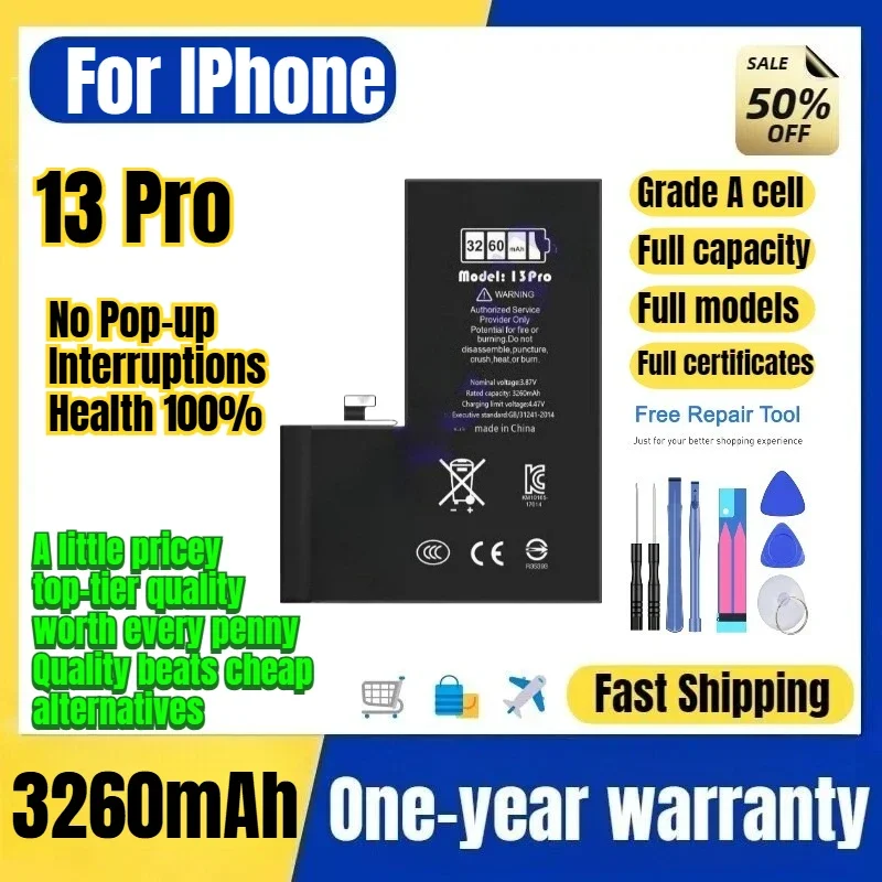 A2638/A2483/A2636 for IPhone 13Pro Phone Battery No Pop-up Interruptions Health 100% Replacement Bateria Grade A Cell with Tools
