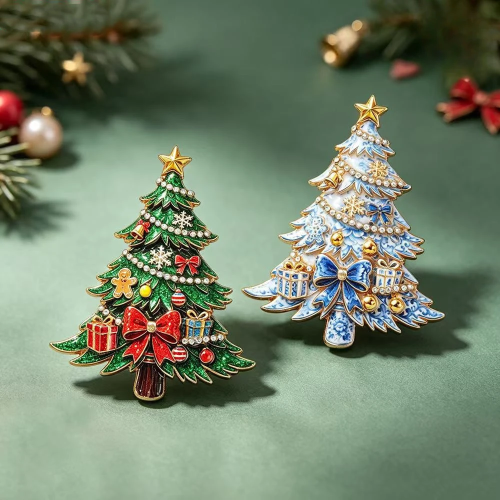 Christmas Brooch Blue and White Porcelain Santa Tree Bell Metal Pin Coat Decoration Gift