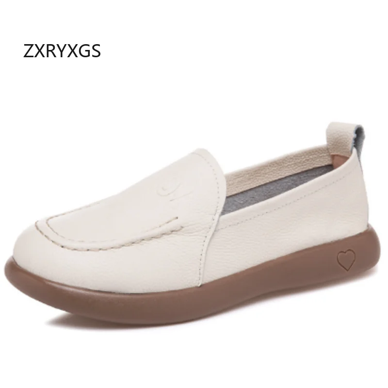 ZXRYXGS Promotion 2026 Genuine Leather White Shoes Black Flats Rouund Toe Elegant Comfortable Trendy Shoes Fashion Casual Shoes