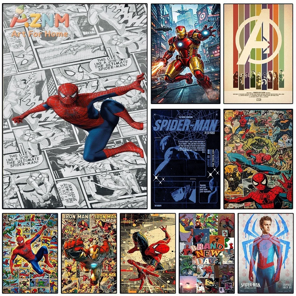 AZNM Spider‑Man Jumping Over Black‑White Comic Strip Canvas Wall Print, Superhero Vintage Newspaper Panel Pop Graphic Art Post