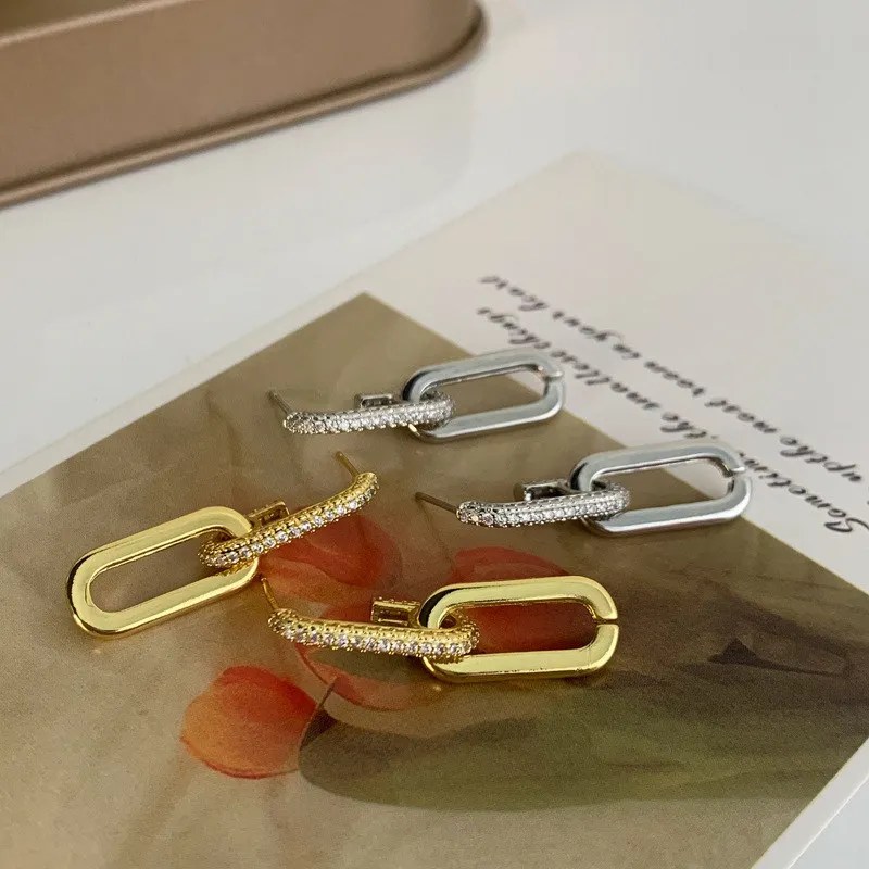 Retro Zirconia Decor Chain Design Drop Earrings Gold Silver Color Geometric irregular Round Earrings for Women Girls Jewelry