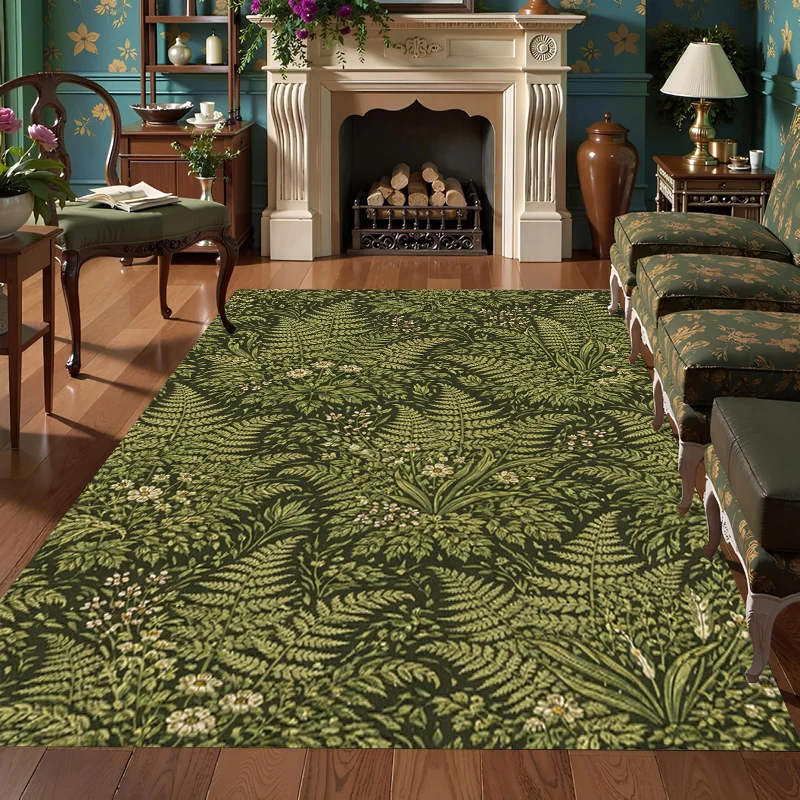 Dark Green Fern Floral Area Rug William Morris Style Botanical Pattern Soft Washable Carpet for Living Room Bedroom Entryway