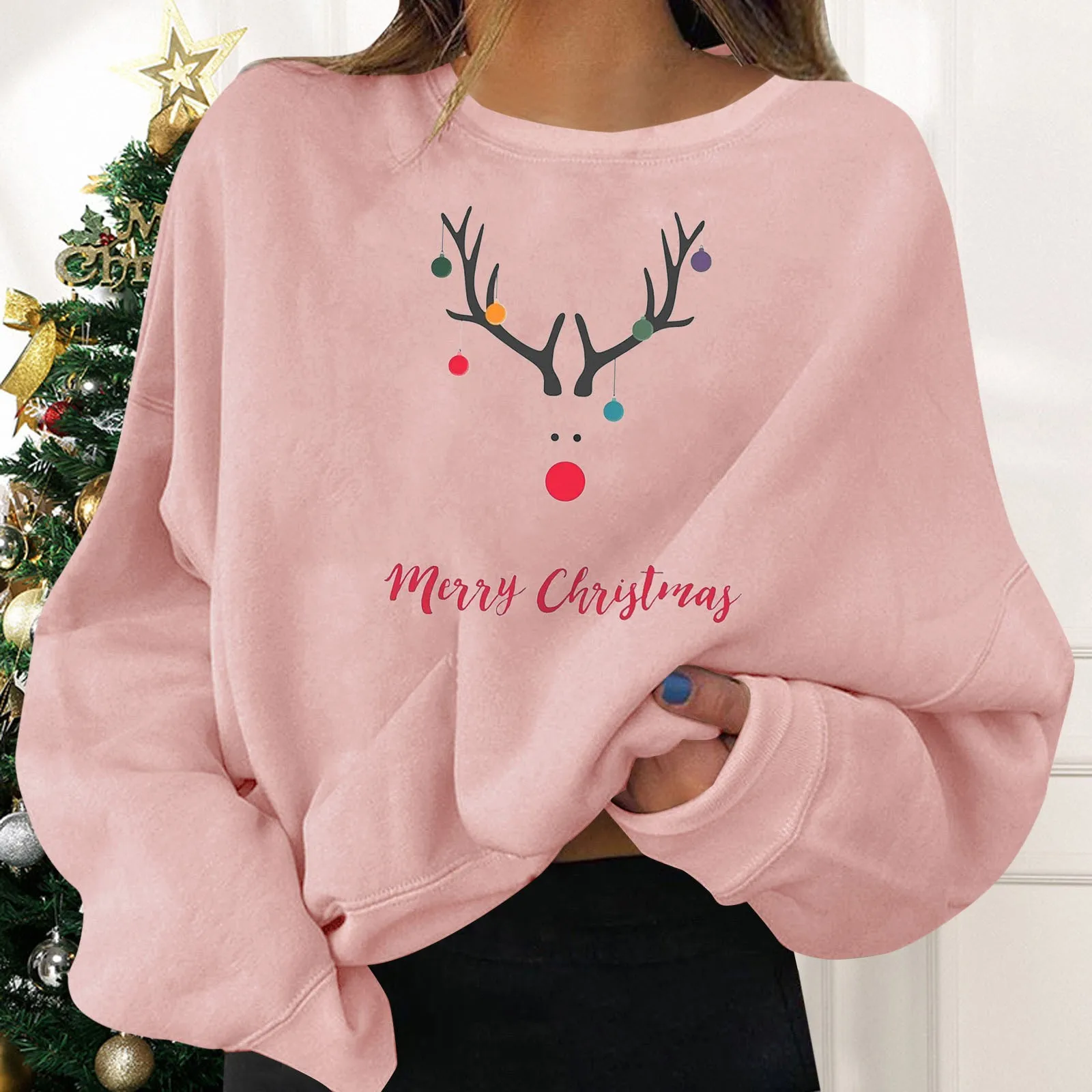 Solid Color Women Hoodies Oversize Christmas Elk Print Long Sleeve Print Sweatshirt Xmas Pullover Blouse Autumn Sweater Clothes