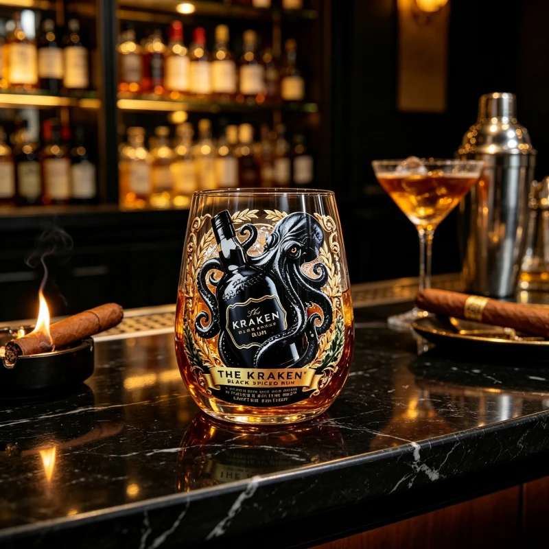 Kraken Octopus Pattern Whiskey Glass Sticker Craft Stemless Tumbler Clear Glass Cup for Home Bar Decor Gift Collection