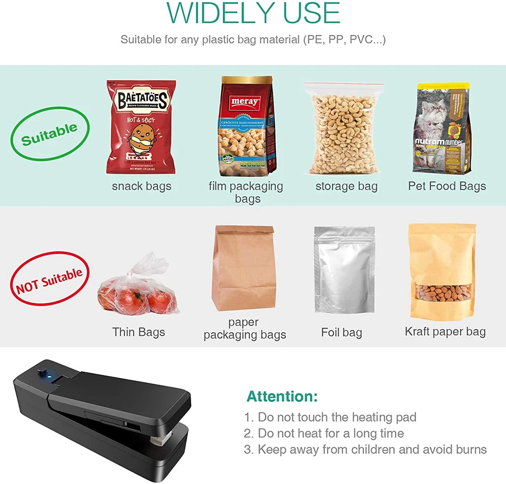 USB Mini Bag Sealer 2-in-1 Portable Heat Sealers Rechargeable Handheld Vacuum Heat Sealers &Cutter for Plastic Bag Storage Food