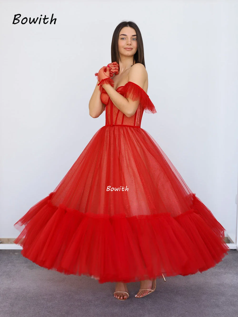 Vestido de fiesta de tul hinchado rojo, elegante, a capas, para Navidad, 2022