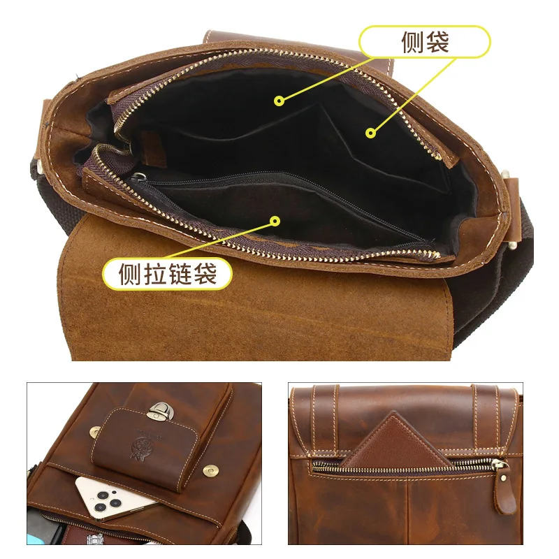 Bolsa crossbody de ombro único da moda masculina de couro de cavalo louco, bolsa mensageiro de couro genuíno retrô britânico