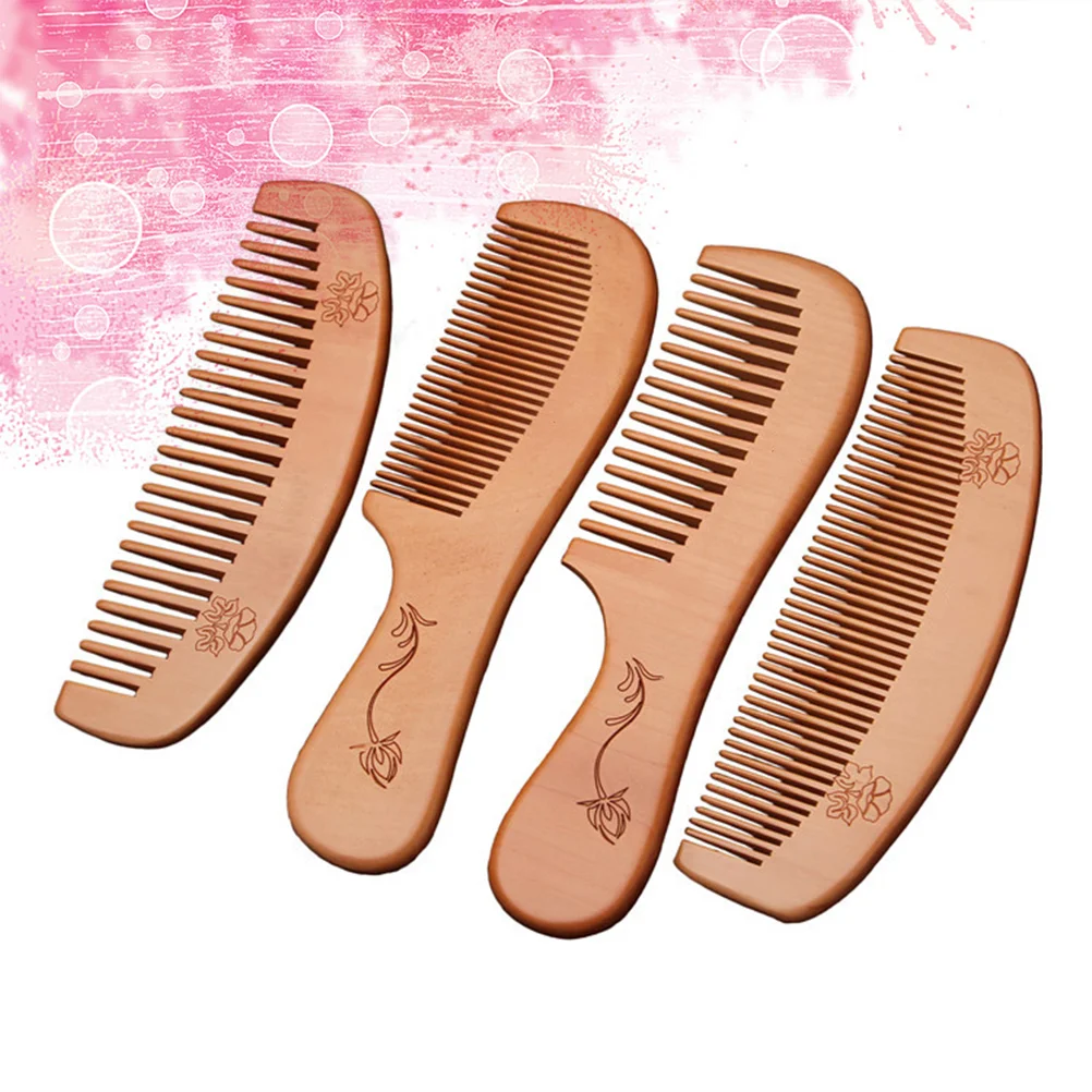 

4 Pcs Handle Wide Teeth Comb Moon Shaped Hair Styling Pocket Fine Portable Combs Peach Wood Anti-static Wooden