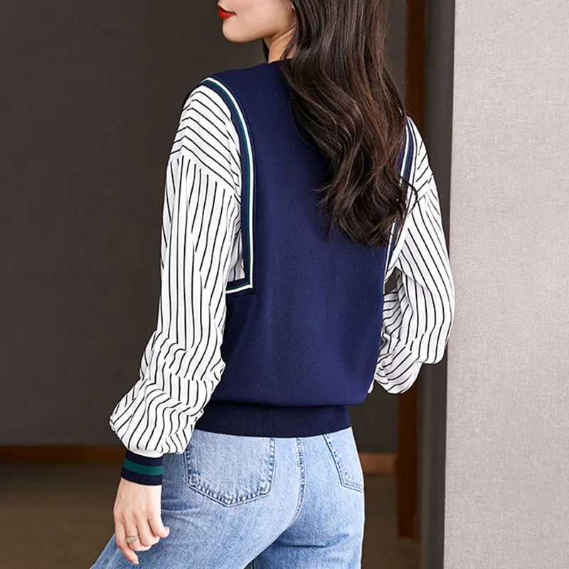 Thin Autumn Winter Striped Creative Patchwork Bottoming Fashion Simplicity Temperament Pullovers Women's Clothing 2022 Casual