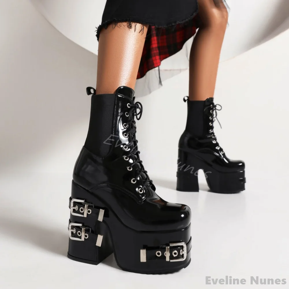 

Belt Buckle Chunky Heels Mid Calf Boots Women Round Toe Patent Leather Cross Strap Platform Chelsea Boots 2024 New Hotties Boots