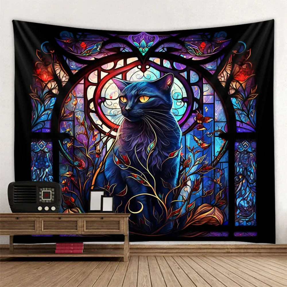 Kolorowa wisząca ściana gobelinowa z kotem, czary, psychodeliczny akademik zwierzęcy, estetyczna dekoracja pokoju, marzycielskie tkaniny tła