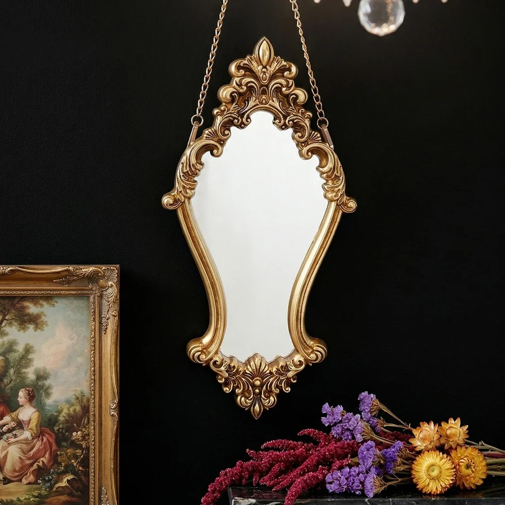 Elegant Baroque Wall Mirror Featuring Classic Scroll Patterns and Delicate Floral Accents 7.9 x 15.4 Inch Resin Frame
