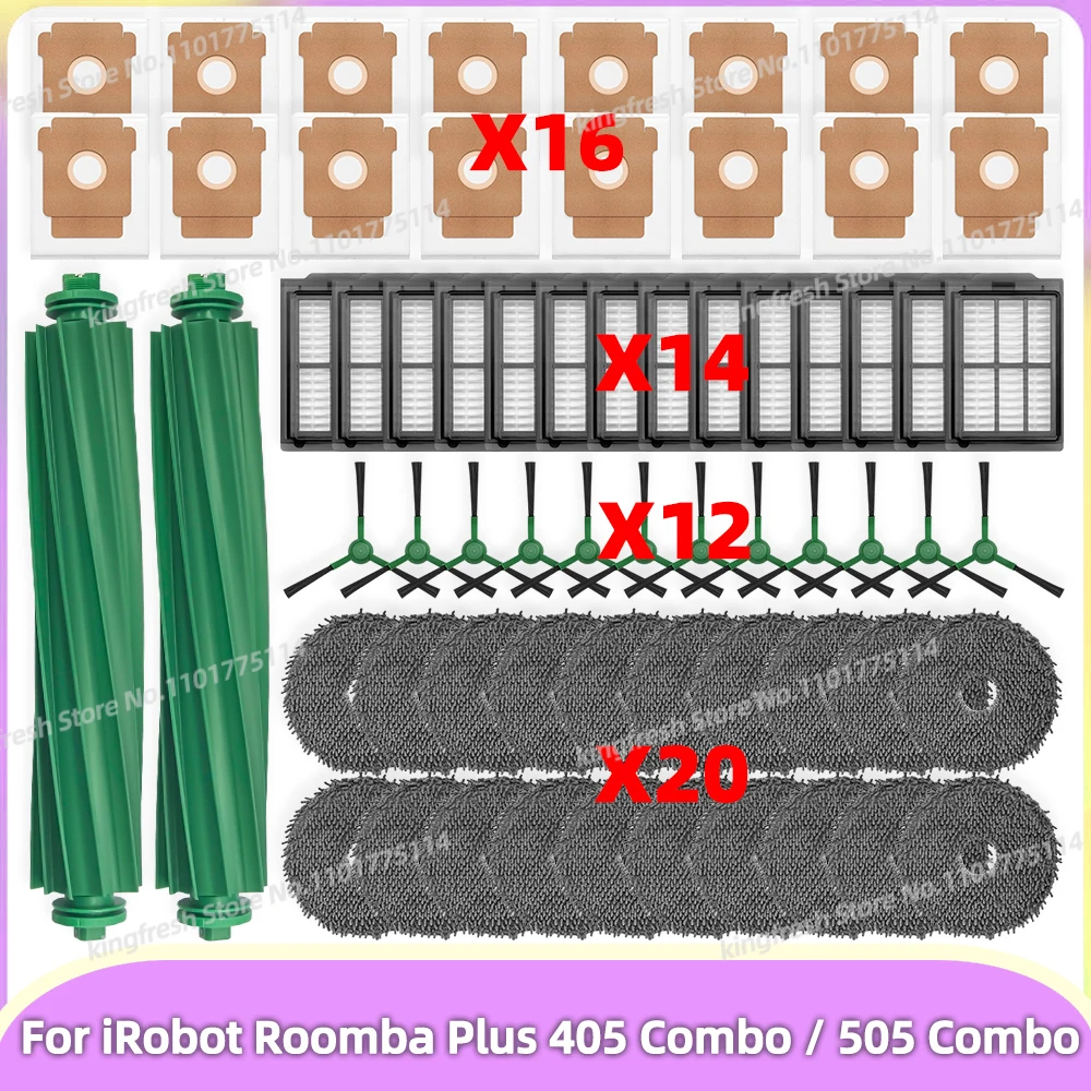 متوافق مع iRobot Roomba Plus 405 Combo / 505 Combo فرشاة جانبية فلتر HEPA كيس ممسحة