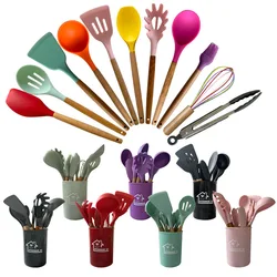 12 Pieces Silicone Cookware Kitchen Utensils Set for Non-Stick Kitchen Wooden Handle Spatula Egg Beaters Kitchenware Accessories