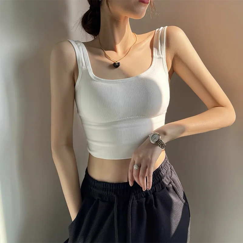 Boring Honey Bar Top Summer V-Neck Rib Crop Tank Top Women Sleevelees Sports Bar Korean Style Slim Fit Base Shirt Women Clothing