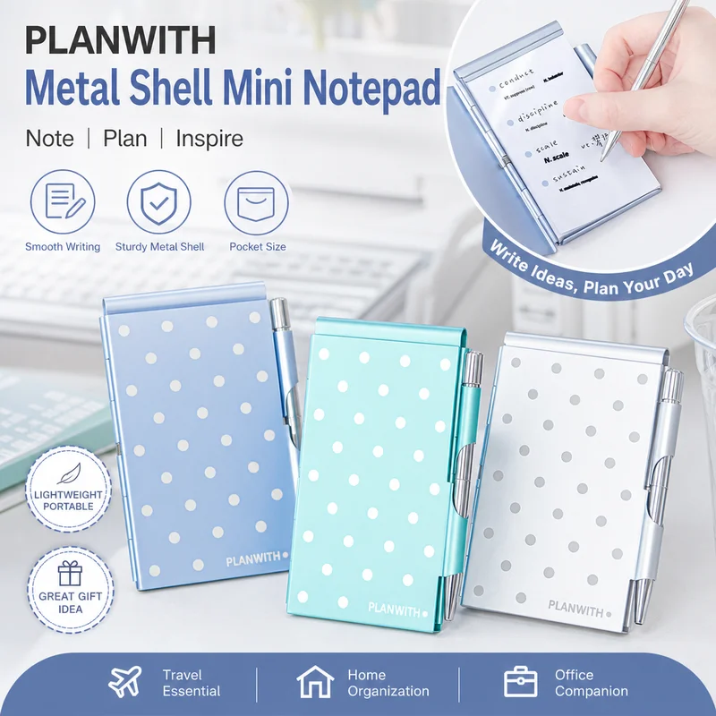 Planwith Metal Shell Polka Dot Notepad Portable Mini With Ballpoint Pen Notebook Daily Planner For Office Home Use