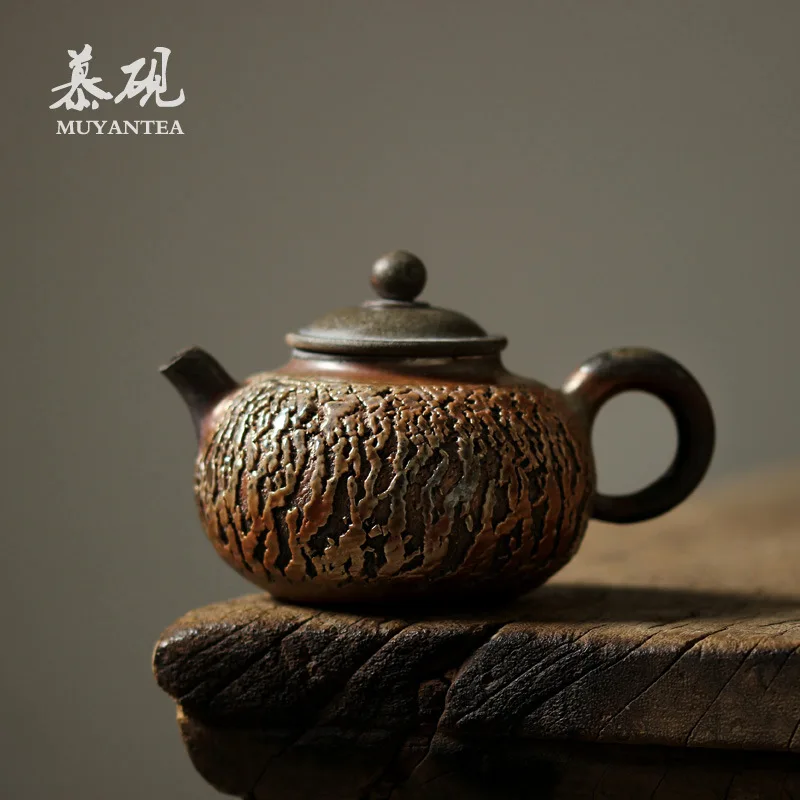 Mu Tao Large Crackle-Glazed Teapot And Cup With Natural Ash Finish, Japanese Un-Glazed Wood-Fired Kung Fu Tea Set