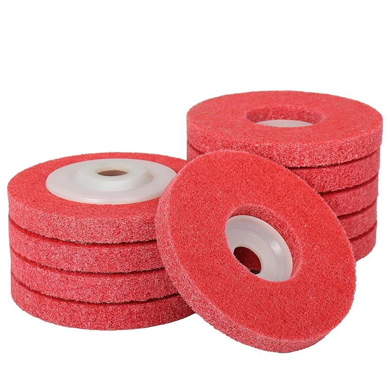 4 Inch X 5/8 Inch Nylon Fiber Flat Abrasives Buffing Polishing Wheel For Angle Grinder 7P Hardness 10 PCS Easy Install Red