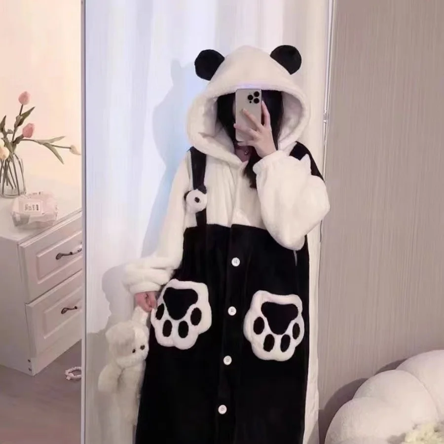 Cute Panda Cartoon Hooded Sleepwear 2025 Winter New Thick Coral Fleece Women's Home Wear