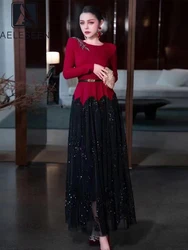 AELESEEN Elegant Long Party Dress Women Autumn Winter Full Sleeve Patchwork Beading Diamonds Flower Embroidery Belt Office Ladie