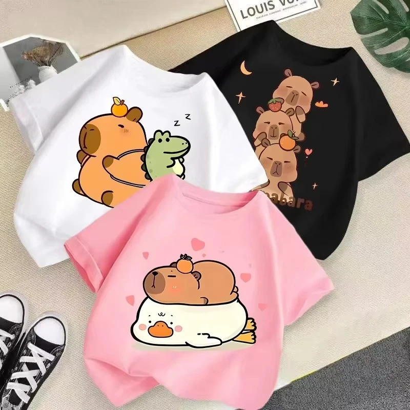 Summer 2026 Capibala Printed New Children's Pure Cotton Round Neck Short Sleeved T-shirt Fun Parent Child T-shirt