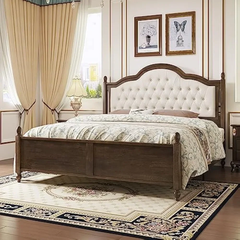 Wood Bed Frame,King Size,with Upholstered Headboard,with Linen Tufted, No Box Spring Needed, Easy Assembly,Platform Bed