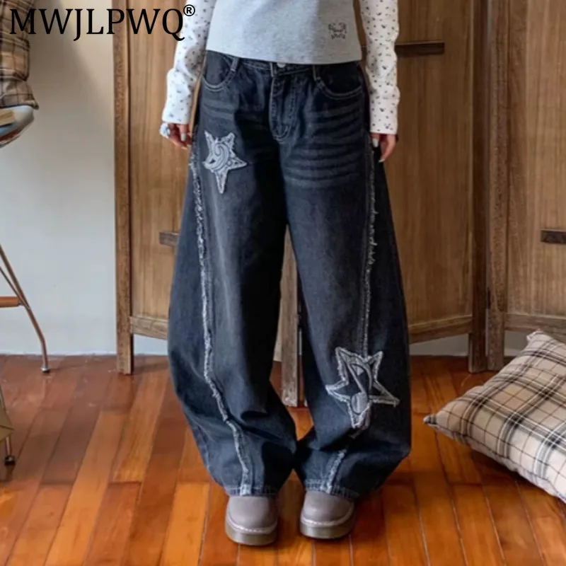 MWJLPWQ American Retro Wide-Leg Jeans Asymmetrical Star Frayed Edges Deconstructed Distressed Design Trousers 2026 Autumn 21455