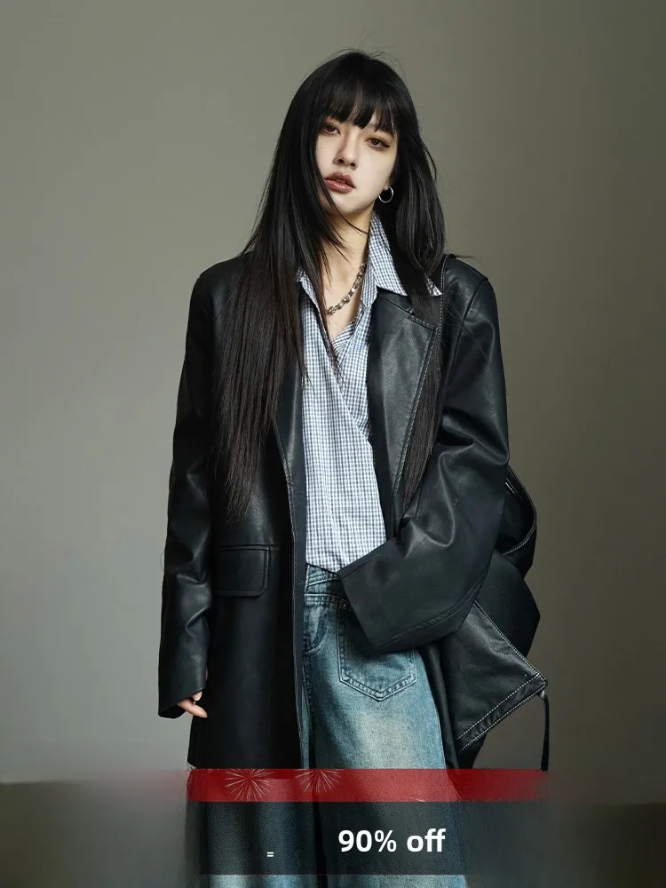 

Retro Bla PU Leather Jaet Women's Loose Casual High-End Feel Suit Sle Long Sve ket Detail Commute Friendly