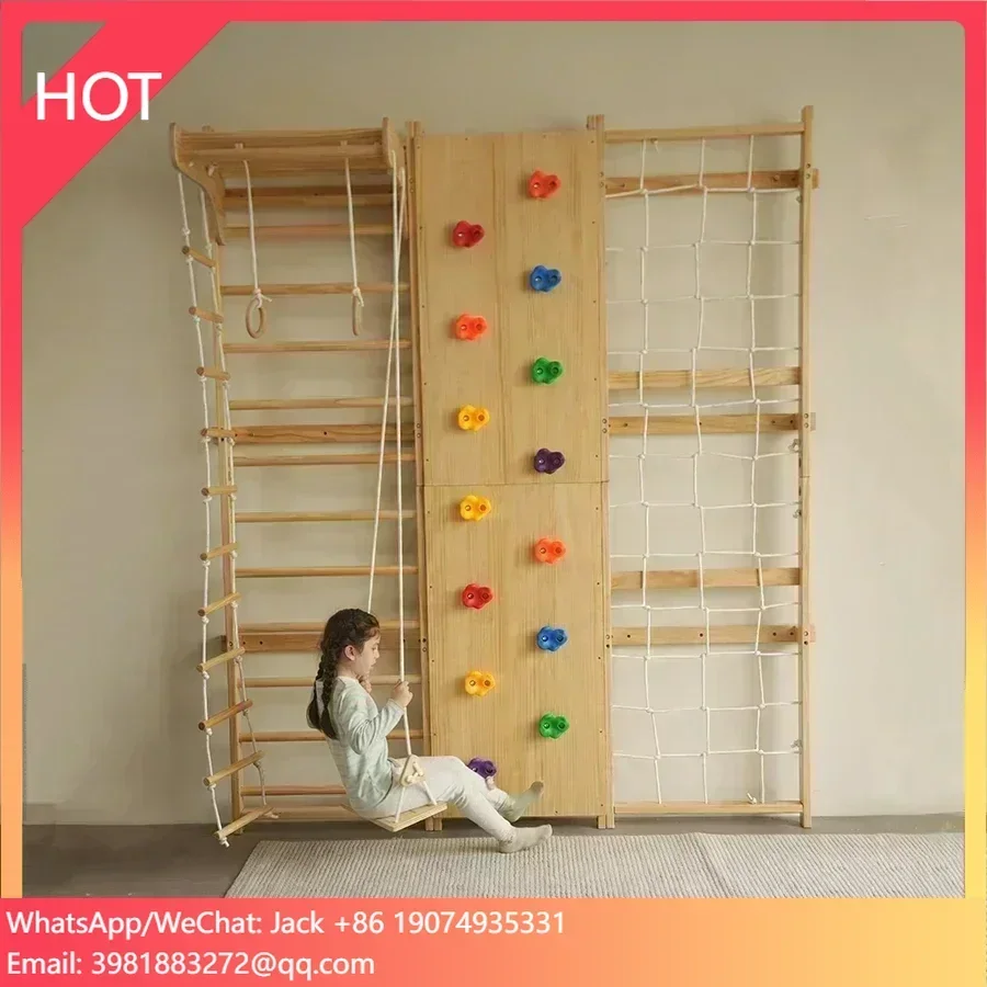 

Indoor Playground Gymnastic Wall Gym Kids Wooden Swedish Ladder Set with Slide
