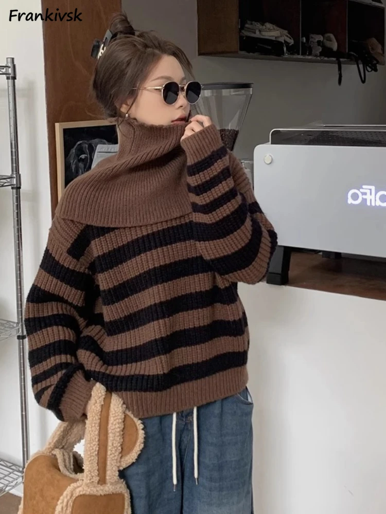 

Scarf Collar Sweaters Women Striped Loose Temperament Retro American Style Warm Blocking Pullovers Soft Knitwear Ladies Niche