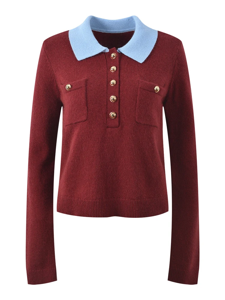 Haut de gamme Version européenne Sle automne hiver haut tricoté Long Sve col rabattu couleur Blo coupe ajustée Faionable irt