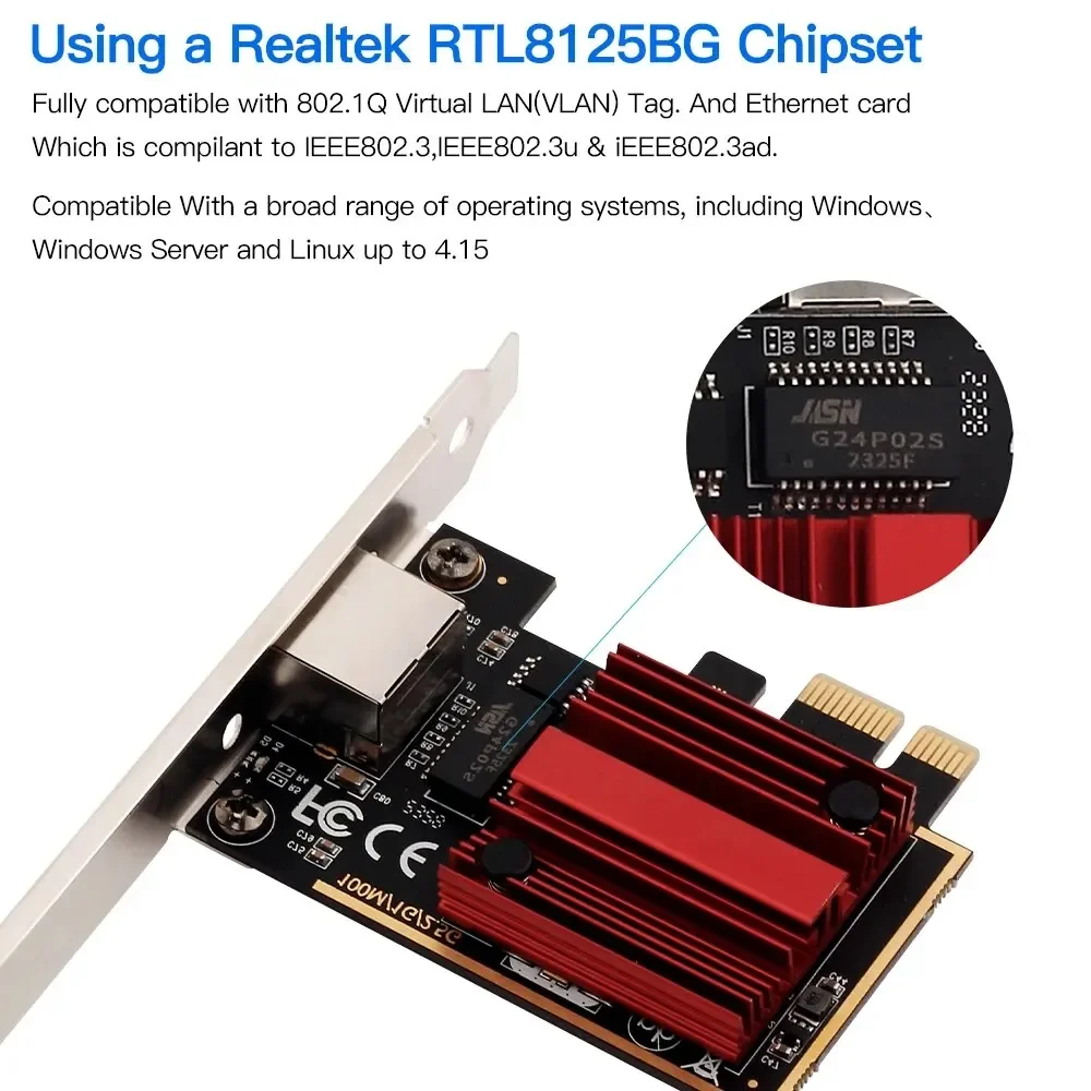 이더넷 유선 LAN 컨트롤러 어댑터, 2.5G PCI-E to RJ45 네트워크 카드, RTL8125B 칩, 100, 1000, 2500Mbps, Win7, 8, 10/11 LAN 카드용