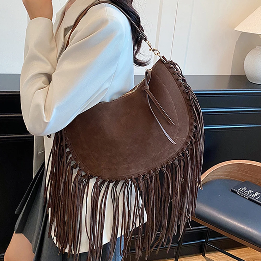 

Bohemian Long Tassel Shoulder Bag Half Moon Faux Suede Crossbody Bags for Women Designer Underarm Bag NEW Handbags Women Bags