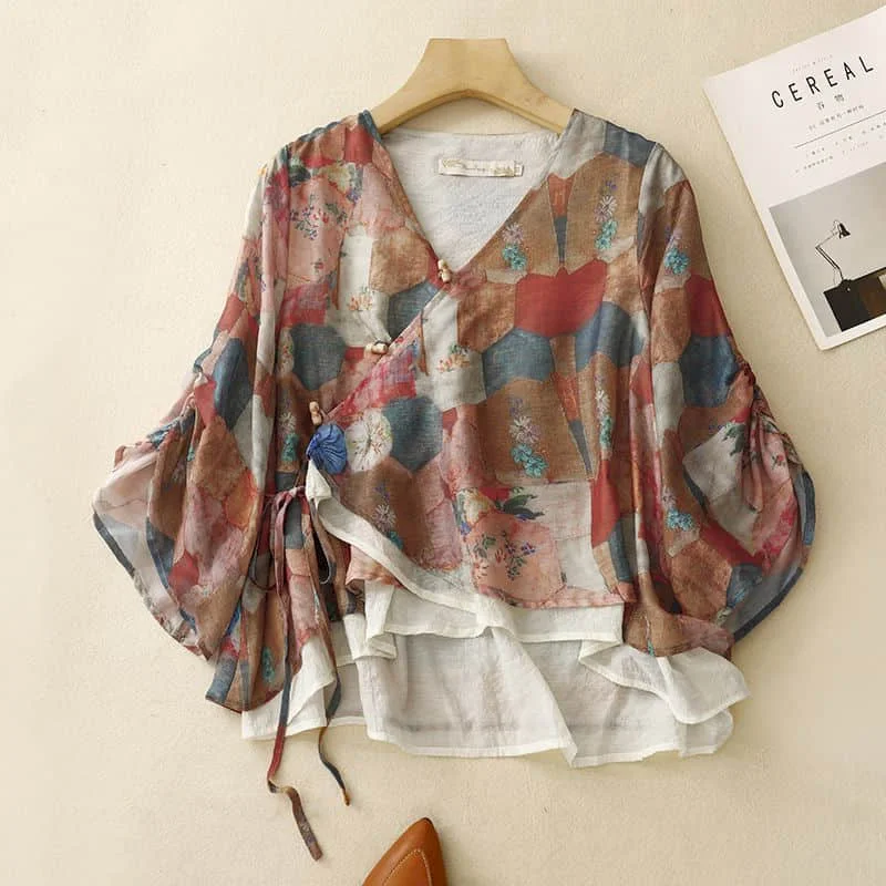 

Shirts for Women V-neck Sunscreen Lace Semi-sheer Fabric Tops Loose Casual Aesthetic Ethnic Style Smock 2026 Summer Clothing