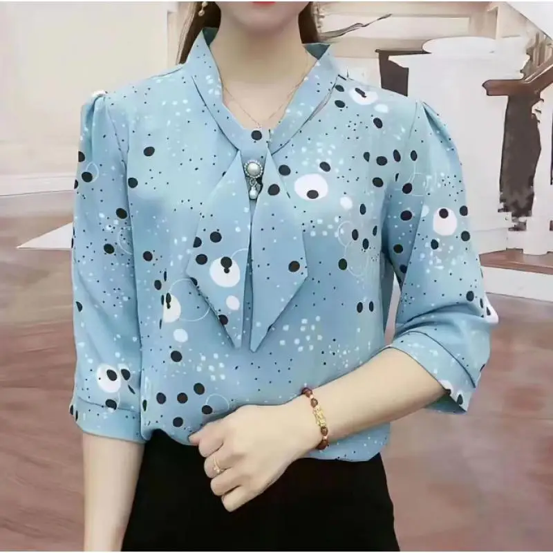 Spring Summer Commute Blouse Stylish Printed Blouse Female Elegant V-Neck Drawstring Bow Chic Three-dimensional Decoration Shirt