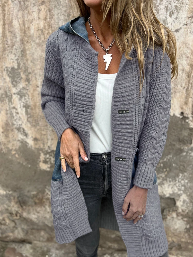 Outono inverno sólido retalhos chiques suéteres, feminino casual manga longa simples topos, com capuz todos os jogos senhoras cardigan streetwear