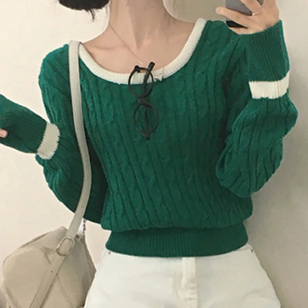 Chique outono inverno loween cor blo listra u-ne longo sve fino ajuste cintura cinched camisola de malha para mulher