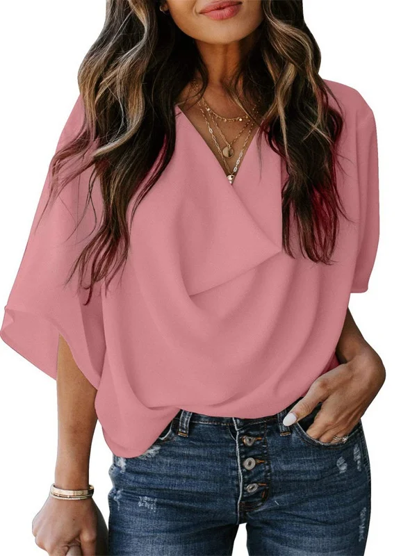 قميص نسائي فضفاض بياقة على شكل V بلون سادة، قميص مريح وعصري للصيف مصنوع من البوليستر بأكمام عادية الطول