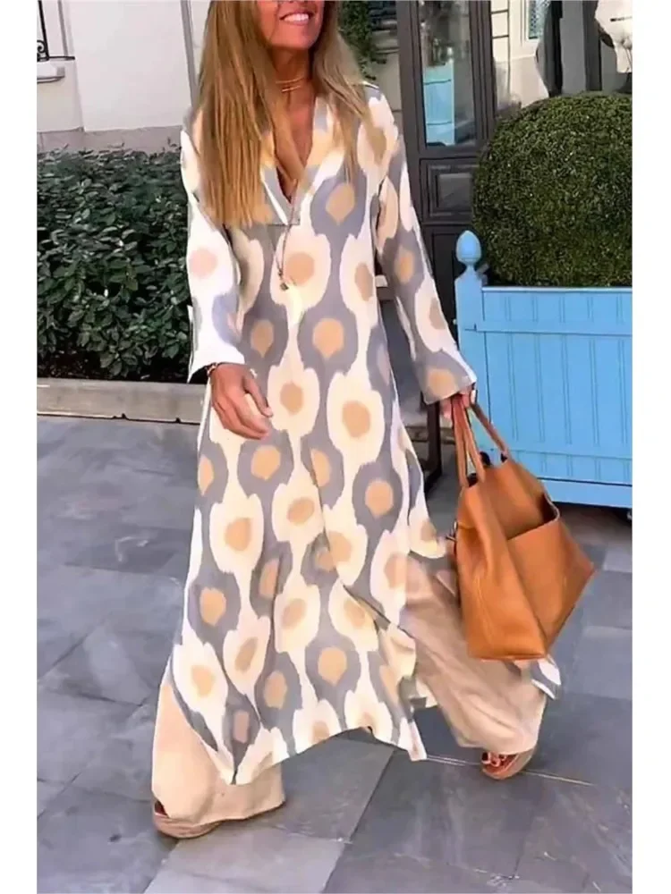 CPSYMYM Abito lungo geometrico da donna con scollo a V causale autunnale Abiti a maniche lunghe Abito Boho da spiaggia per le vacanze femminili