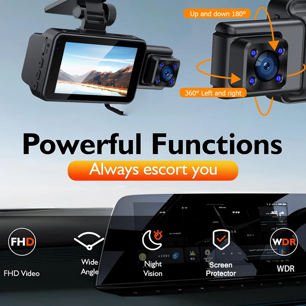 HD 1080P 3-Inch Car Dash Cam for Cars WIFI Infrared Night Vision Car Dual Lens Car Front and In-car Mobile Phone Intercon