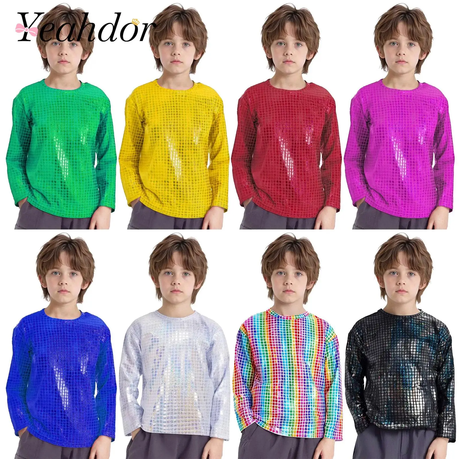 Fashion Children Tshirts Kids Girls Boys Jazz Dance Costume Long Sleeve Shiny Metallic Plaid T-shirt Stage Performance Tops