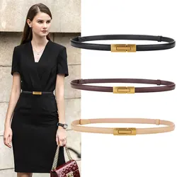 Genuine Leather Thin Belt for Women's Versatile Top Layer Cowhide Buckle Decorative Skirt Small Designer Belts Cream-coloured