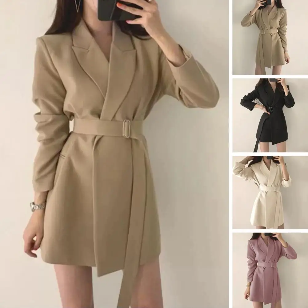 Women Blazer Jacket Lapel with Belt Long Sleeve Tight Waist Solid Color Vintage OL Formal Business Commute Lady Long Suit Coat