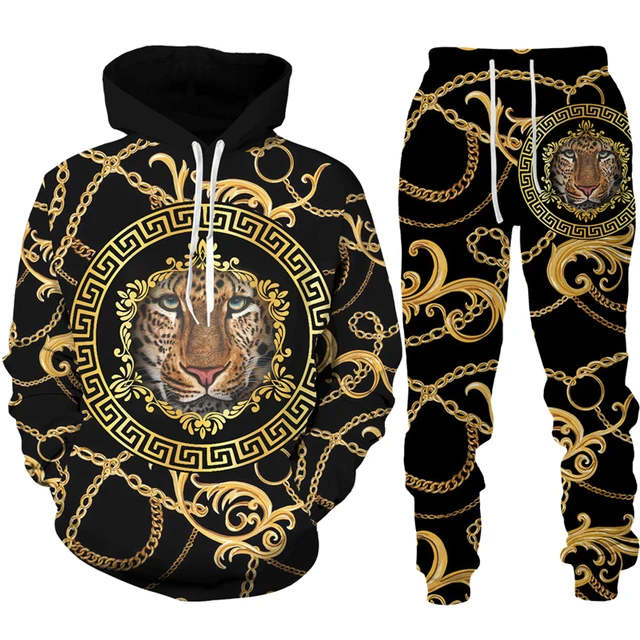 Men's Hoodie Pants Suit Leopard Golden Pattern Sportswear Set 3D Print Women Fashion Tracksuit Jogging Clothes For Men Clothing