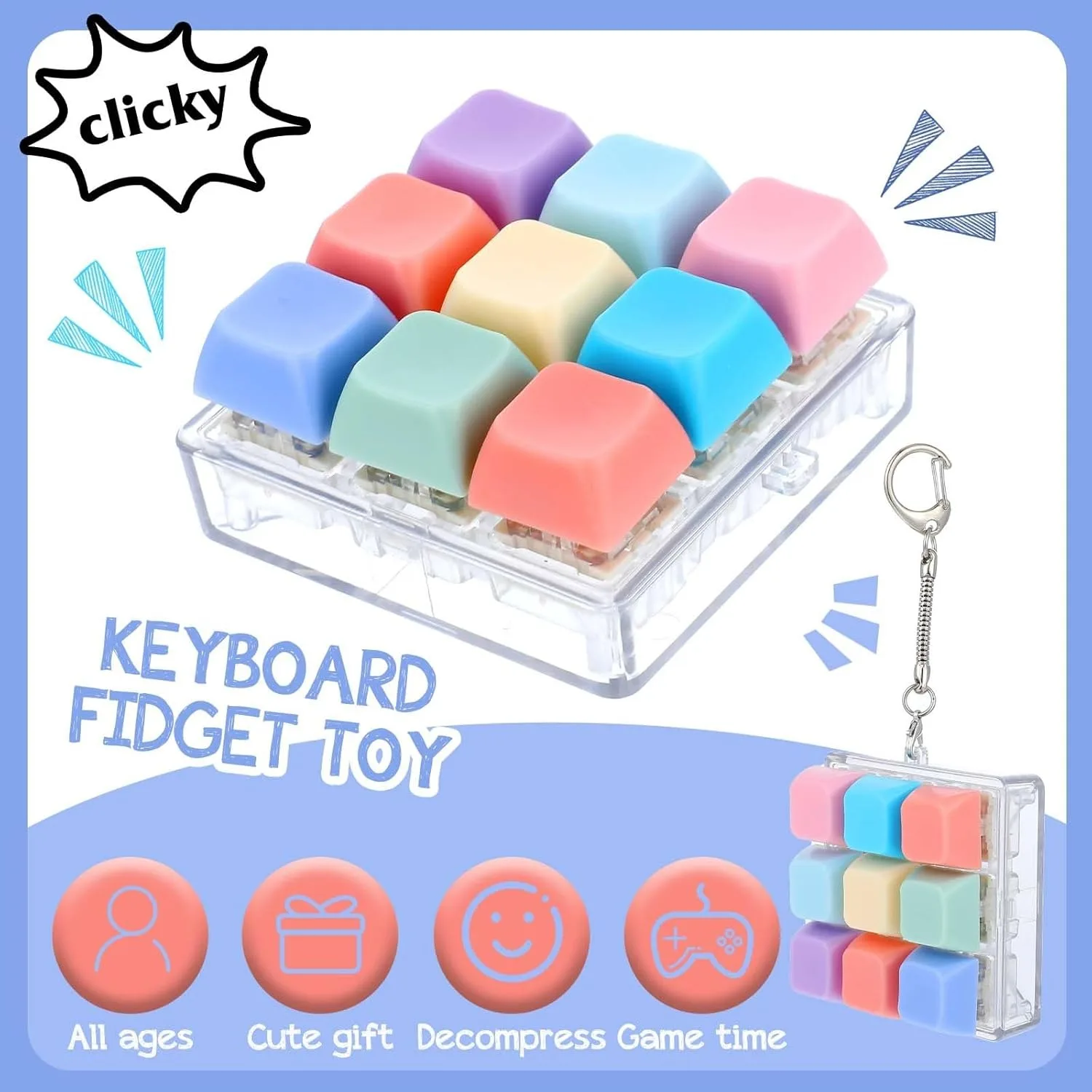 Keyboard Fidget Toy Keyboard Key Chain Decompression Toys Quiet & Loud Fidget Keyboard for Stress Relief Button Fidget Gifts