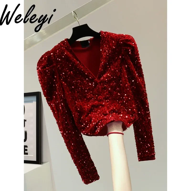 

Autumn and Winter New High-end Sequined Short Red Velvet Top Women Shinny Blouse Female Elegant Long Bubble Sleeve Velvet Shirt