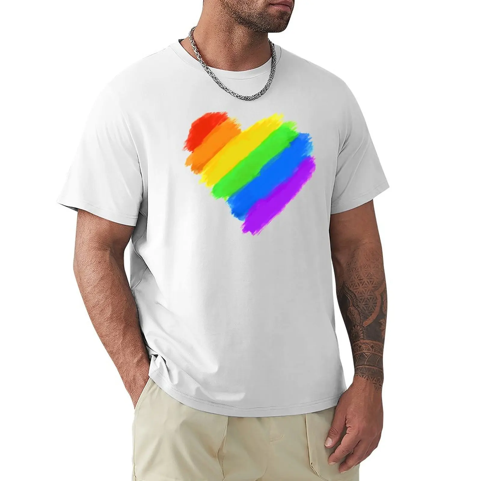 LGBT Watercolor Style Rainbow Heart T-Shirt Trendy Pattern T-Shirt for Men