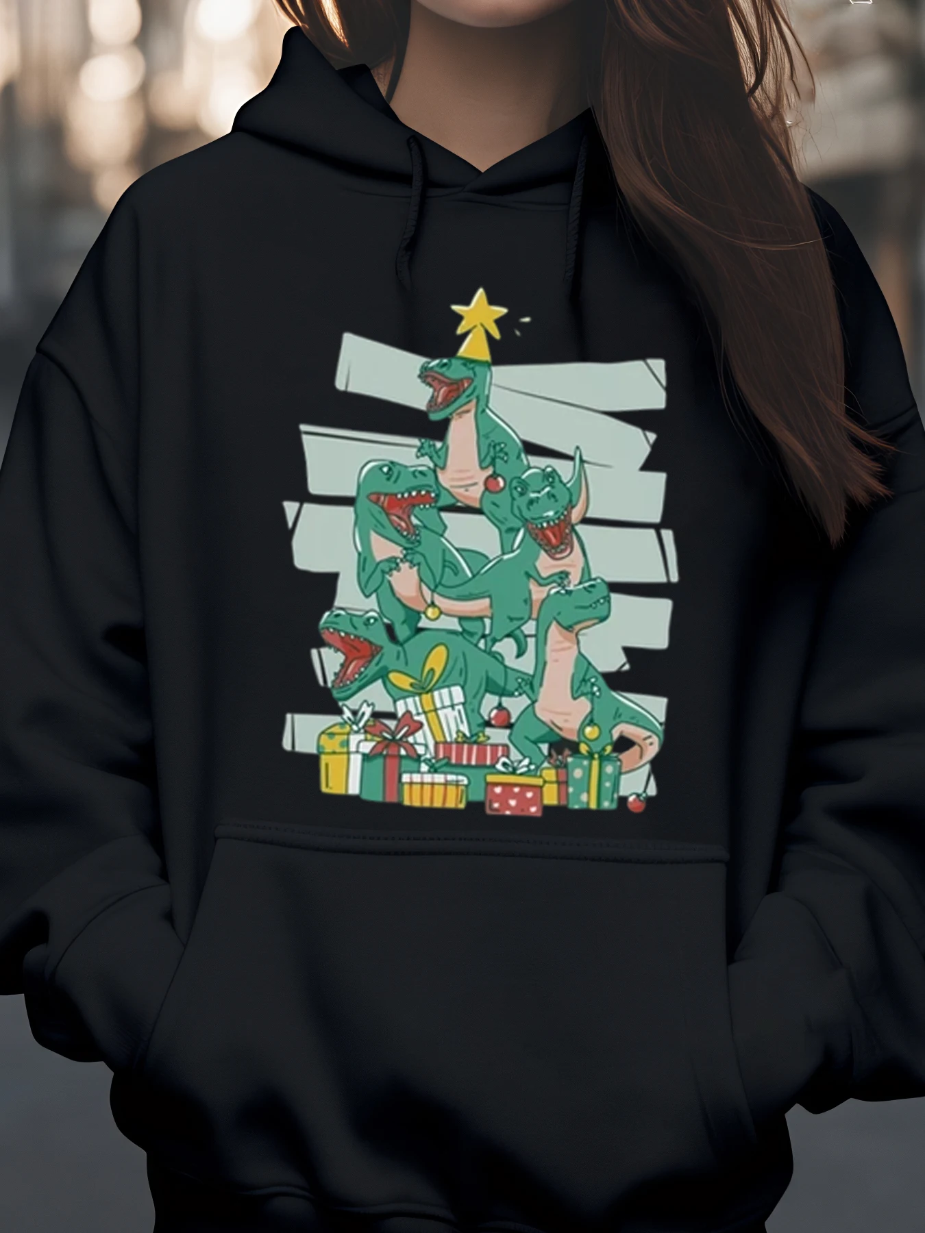 

Толстовка с принтом рождественской елки динозавра, праздничная повседневная одежда, женская мода