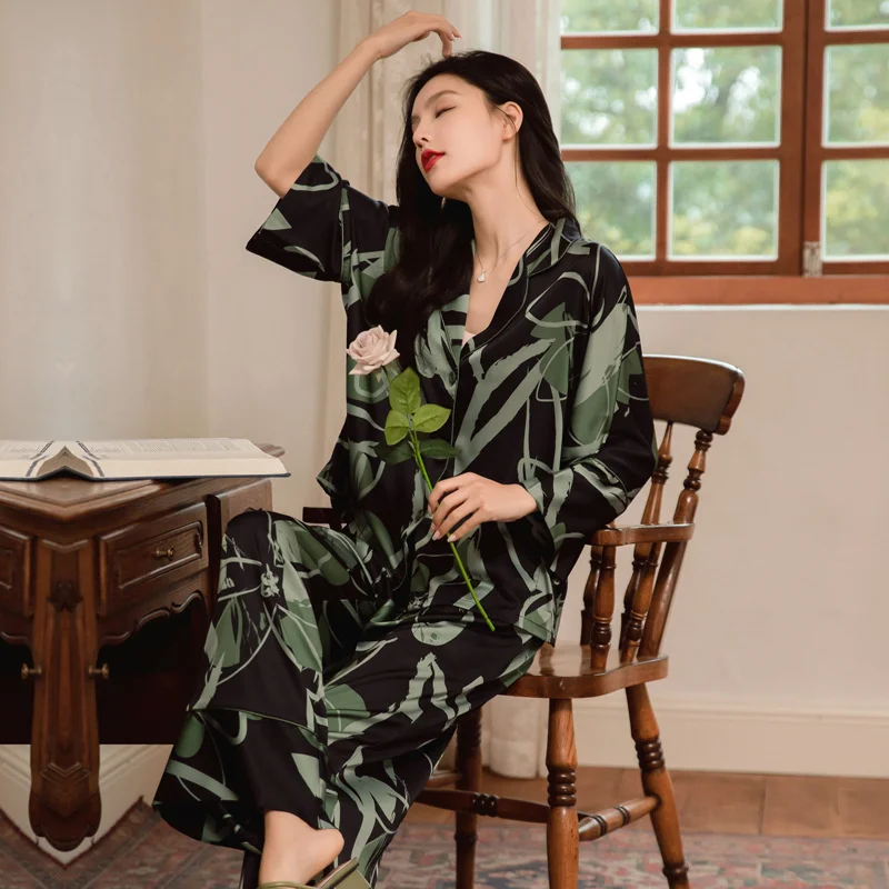 2023 Spring And Autumn Women\'s Pyjama Ice Silk High-class Thin Style Pajamas Long-sleeved Suit Women\'s Home Clothes Set